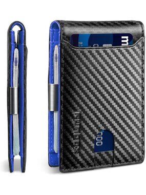〽️Man Carbon Blue Leather Money RFID Blocking Pocket Bifold Credit Card Wallet